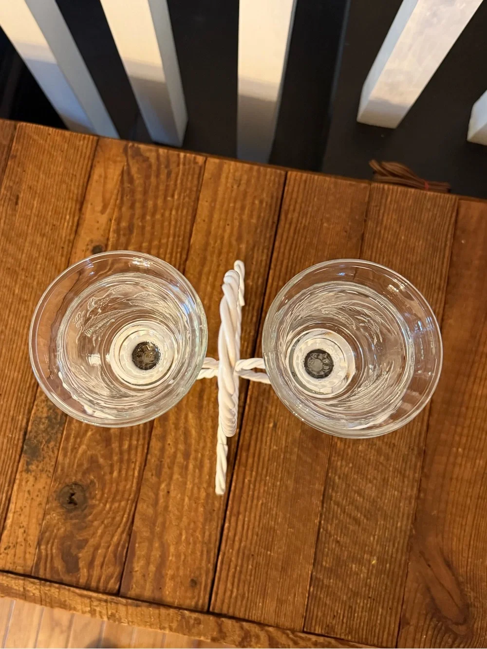 Vintage White Twisted Iron Double Votive Candle Holder with Glass Cups